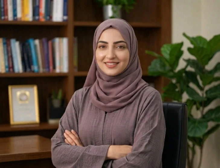 A smiling female professional wearing a purple abaya and hijab, seated with crossed arms in a modern office with a bookshelf, desk, and potted plant background.